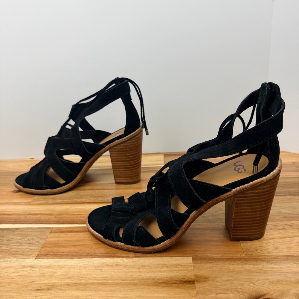 UGG HARRIS Black Suede Lace Up Gladiator Block Heel Sandals Women Size 9 - Picture 4 of 9